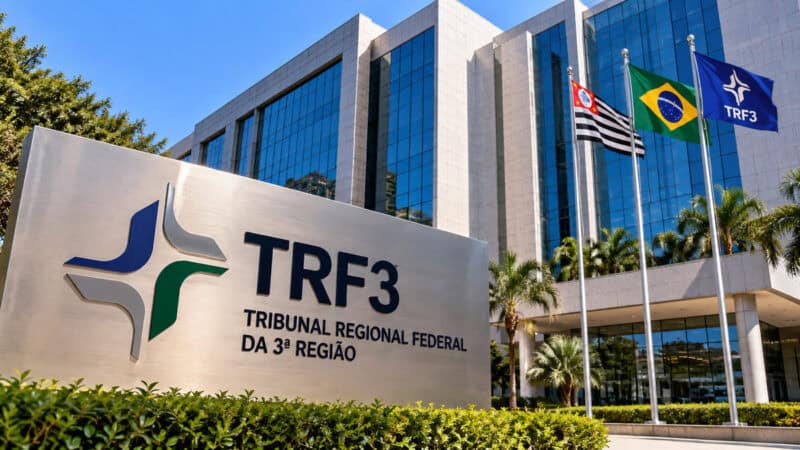 Concurso TRF3 MS 2026 — representação ilustrativa da sede de um tribunal federal com bandeiras
