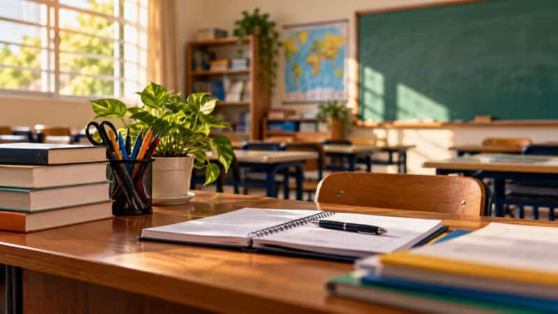 Fotografia editorial de sala de aula brasileira com materiais de ensino e mesa do professor para o concurso Groaíras 2026 magistério
