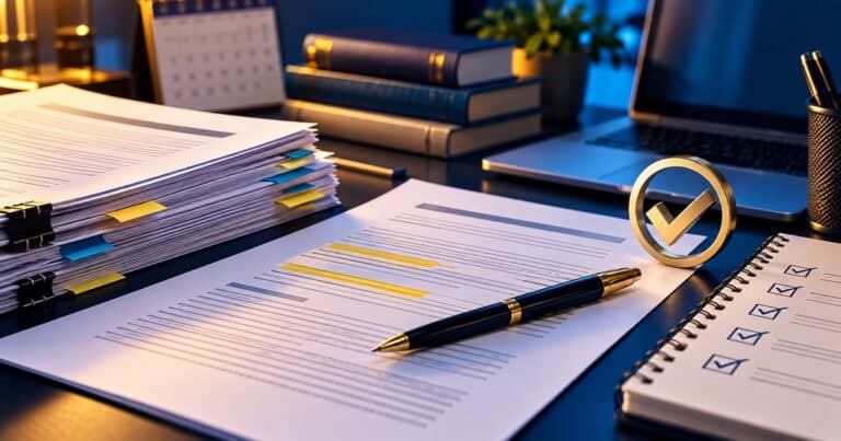 Documentos de recurso em concurso público com anotações e checklist