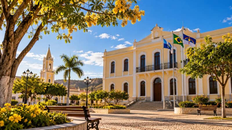 Concurso Floresta PE 2026 — praça arborizada com edifício público tradicional em cenário ilustrativo