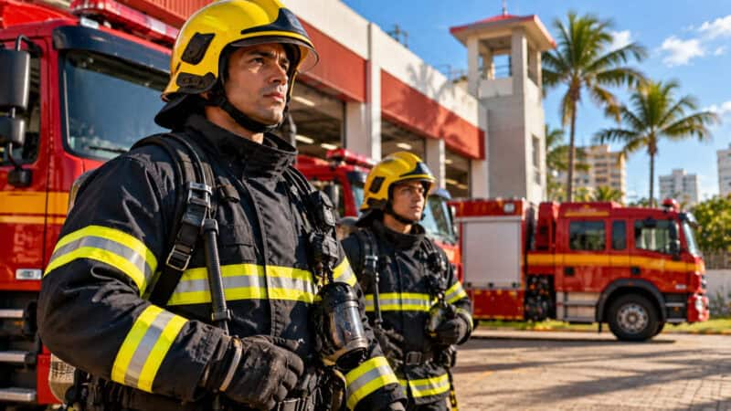 Concurso CBMPE 2026 com bombeiros e viaturas vermelhas em frente a quartel em Pernambuco